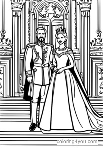 coloriage d'un roi et d'une reine dans une grande salle de bal, à l'intérieur d'un château royal.