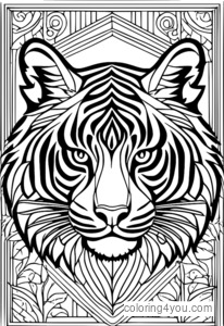 Tiger coloring page with geometric patterns and symmetrical design