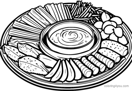 Animals enjoying veggie sticks and hummus dip for kids to color