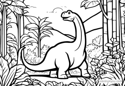 En Brontosaurus som spiser blader fra en hage. fargelegg din forhistoriske favorittdinosaur i dag!