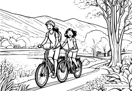 pagina da colorare di una famiglia in bicicletta su un sentiero panoramico