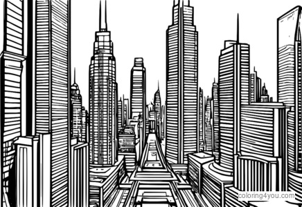 Futuristic downtown skyscraper in city coloring page