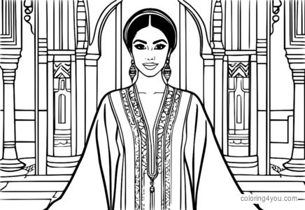 Moroccan woman wearing a traditional caftan with intricate embroidery and a elegant hairstyle