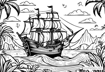 Bateau pirate sur une carte au trésor à colorier pour les enfants