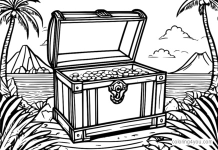 Colorful treasure chest overflowing with gold coins and precious jewels