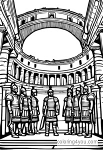 Ang eksena ng sinaunang Roma kasama ang mga sundalong Romano na nakasuot ng baluti, na nakatayo sa harap ng Colosseum.