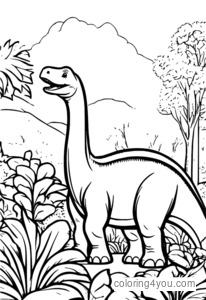 En Brontosaurus som spiser blader fra en hage. fargelegg din forhistoriske favorittdinosaur i dag!