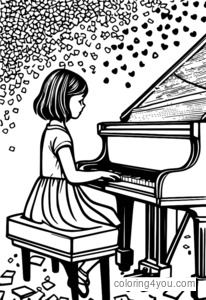 jeune fille jouant du piano entourée de morceaux de confettis colorés