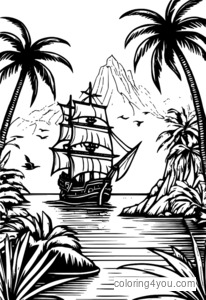 Pirate ship on deserted island palm tree