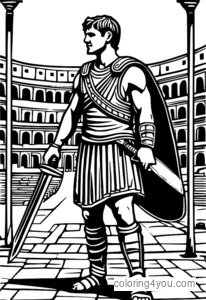 kleurplaat van een jonge gladiator die een zwaard vasthoudt voor een Romeins Colosseum.