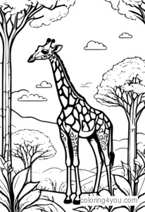 Giraff som äter löv från ett träd på savannen med en klarblå himmel och några vita fluffiga moln