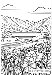 Spring sunrise with wildflowers coloring page