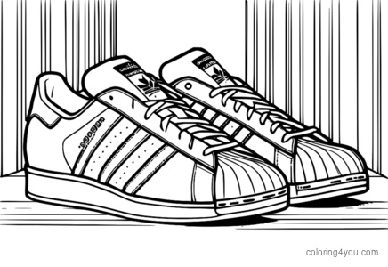 Pagina de colorat cu pantofi Adidas Superstar pe fundal