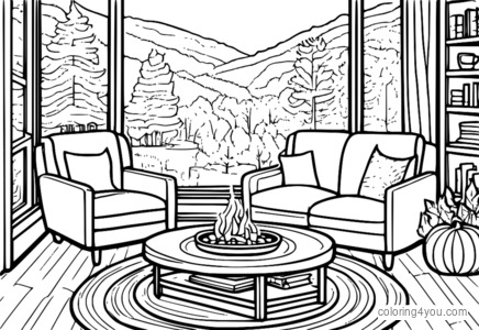 coloriages confortables d'une carte d'automne au coin du feu