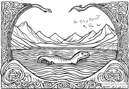 Ungeheuer von Loch Ness, umgeben von alten keltischen Symbolen und Runen