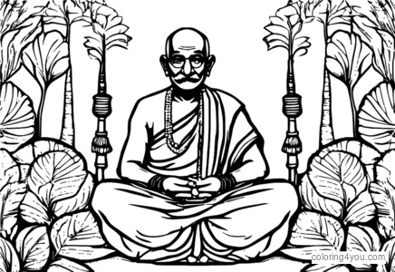 Mahatma Gandhi cu un baston, ținând un toiag și purtând un dhoti.