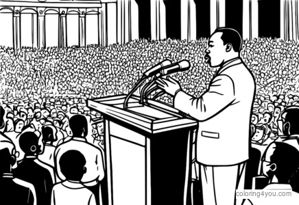 Martin Luther King Jr. hält eine Rede auf einem Podium, im Hintergrund eine fröhliche Menge