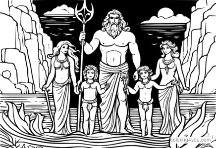 Poseidon, Amphitríte, agus a gcuid leanaí ag coinneáil trident Poseidon i radharc teaghlaigh