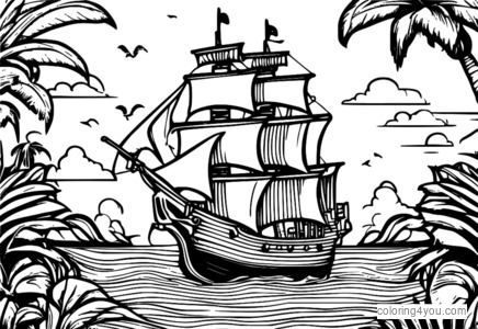 Vintage Pirate Ship with Parrot on Shoulder Coloring Page