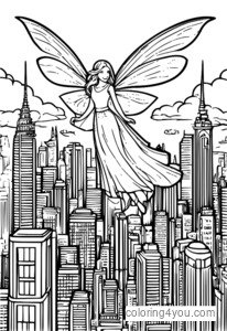 Fairy flying over a city coloring page.