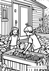 Niños ayudando a un jardinero a recoger restos de verduras para el contenedor de abono en un jardín.