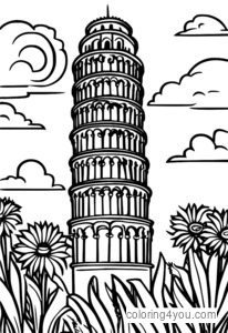 Pagina da colorare Torre pendente di Pisa con girasoli e palme