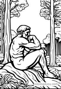 halaman mewarna The Thinker karya Rodin berbaring di atas lantai hutan