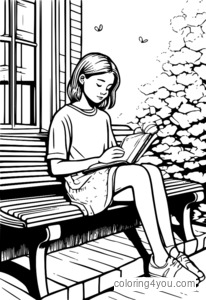 Fille triste assise sur un banc, lisant un livre