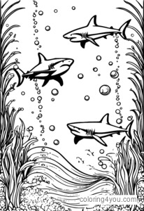 Coloriage sous-marin de requins colorés avec des bulles