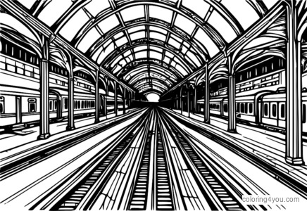 Coloring page of an abandoned train station platform with old trains and forgotten memories.