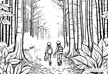 Schöne und ruhige Illustration von Kindern, die in einem Wald mit Herbstblättern spielen