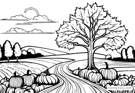 Coloring page of a maple tree with red leaves in autumn