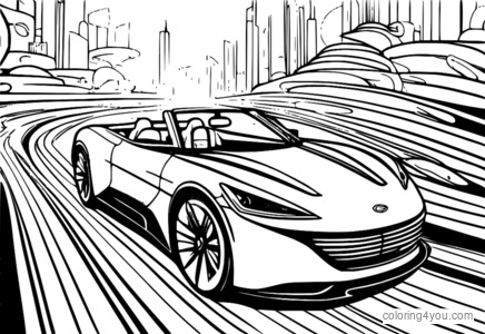 Futuristic white convertible car driving on an abstract pathway