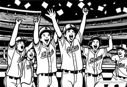 Group of young baseball players celebrating a home run in a stadium