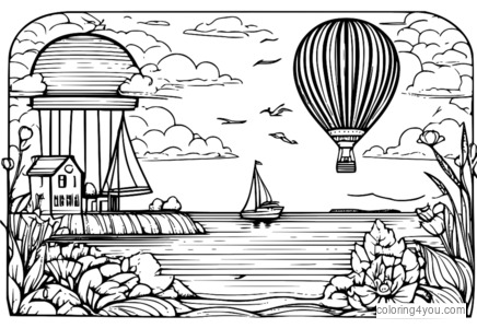 En finurlig illustration af en luftballon, der nærmer sig et farverigt fyrtårn