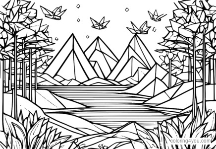 Interlocking origami art geometric patterns coloring page with varying sizes and colors