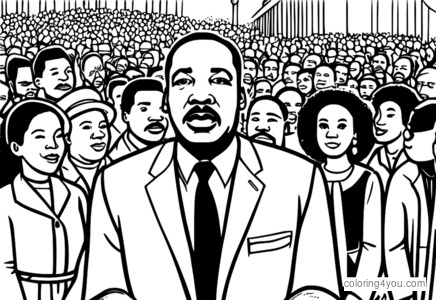 Martin Luther King Jr. avec une foule de personnes en arrière-plan, toutes tenant des pancartes indiquant « égalité » et « justice »