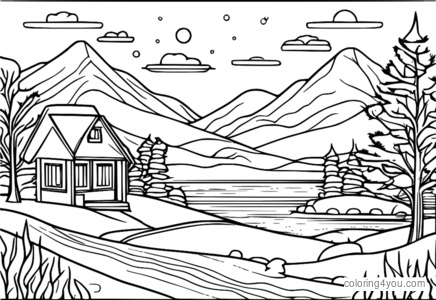 Winter sunset na may snowmen coloring page