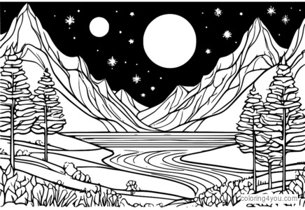 Winter wonderland coloring pages, Santa Claus at reindeer, snow at mga puno