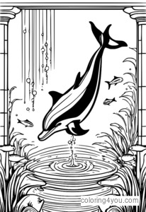 Coloring page of dolphin playing in underwater fountain