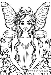 Fairy with glittering wings coloring page, surrounded by flowers and butterflies.