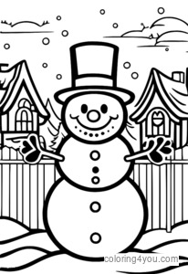 Snowman with a top hat and snowflake decorations, standing in front of a snowy village.