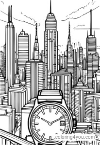 Coloring page of a high-tech watch with a holographic display and an electro-glow strap, set against a futuristic cityscape background.