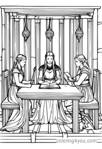 Fille assise à une table avec trois Nornes de la mythologie nordique, écrivant le destin d'un guerrier viking.