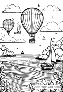 Eine skurrile Illustration eines Heißluftballons, der sich einem farbenfrohen Leuchtturm nähert