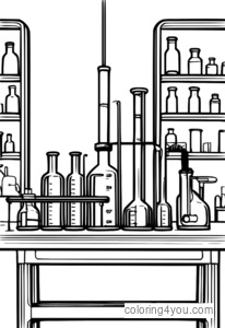 Bench sa laboratoryo na may iba't ibang vial na naglalaman ng iba't ibang kemikal na solusyon para sa mga bata