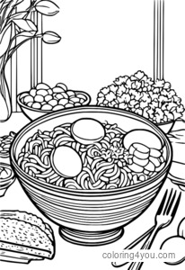 Pasta coloring page with ham, eggs, and sausage.