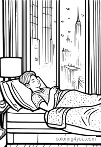 Person with slumped shoulders lying on a bed with rainy windows