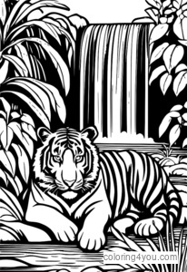 pagina da colorare di una tigre che dorme pacificamente vicino a una cascata.