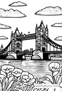 A Tower Bridge színező oldalakat formáz, játékos illusztráció